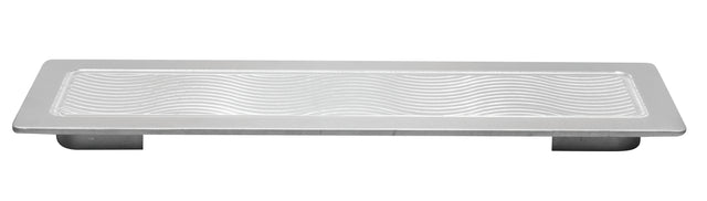 A rectangular aluminum metal drawer pull with a wavy embossed pattern on the flat top surface. Featuring two short, blocky legs for attachment, this modern design is both decorative and dishwasher safe for easy maintenance.