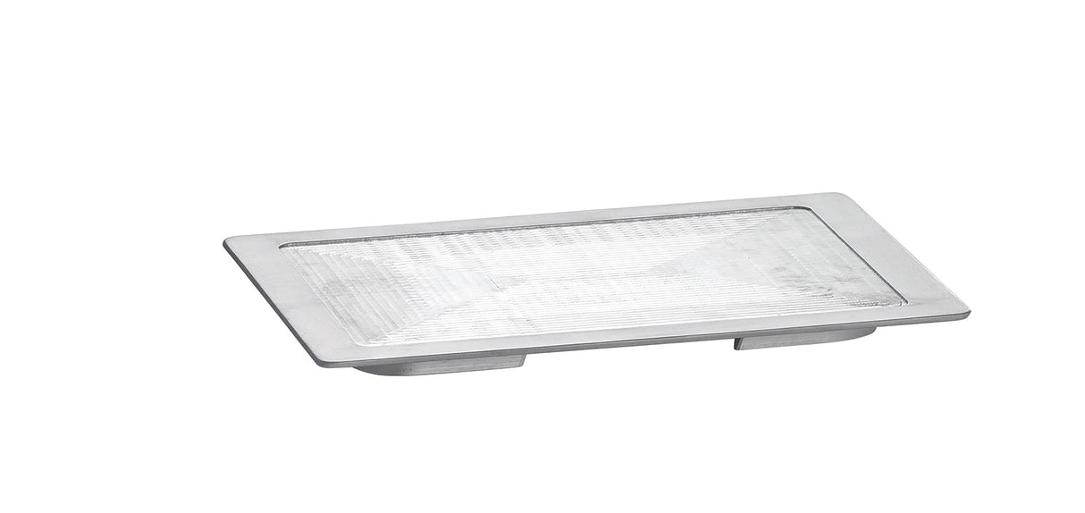 A rectangular, silver-colored, recessed LED light fixture with a frosted, textured glass cover. The aluminum frame is metallic and slightly raised above the glass. It is designed for installation into a flat surface, such as a wall or ceiling.