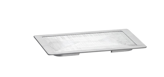 A rectangular, silver-colored, recessed LED light fixture with a frosted, textured glass cover. The aluminum frame is metallic and slightly raised above the glass. It is designed for installation into a flat surface, such as a wall or ceiling.