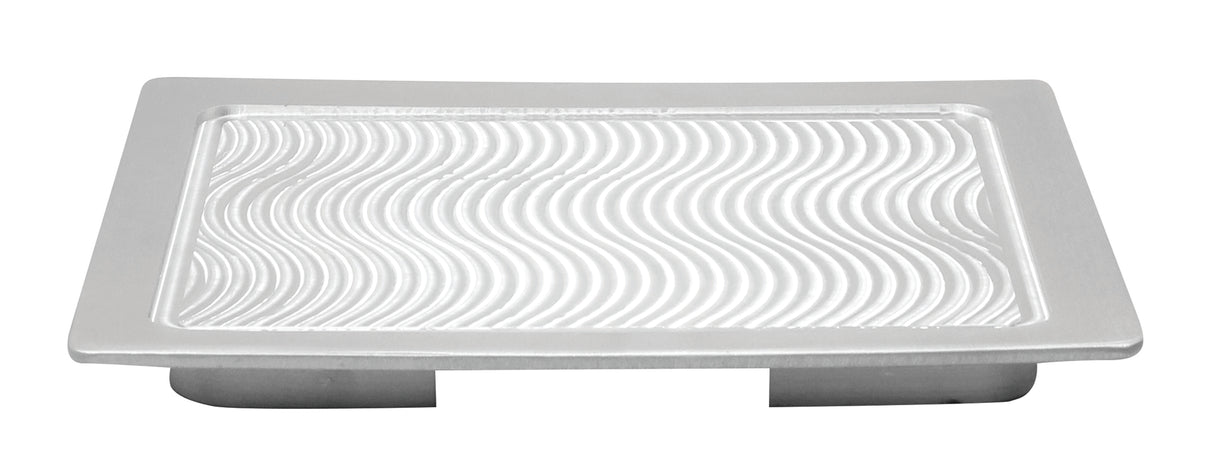 A rectangular aluminum soap dish with a flat rim and slightly concave center, featuring raised, wavy lines. Resembling a third size Hot Well Cover, it has two short, parallel supports underneath to elevate it above the surface.