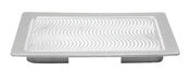 A rectangular aluminum soap dish with a flat rim and slightly concave center, featuring raised, wavy lines. Resembling a third size Hot Well Cover, it has two short, parallel supports underneath to elevate it above the surface.