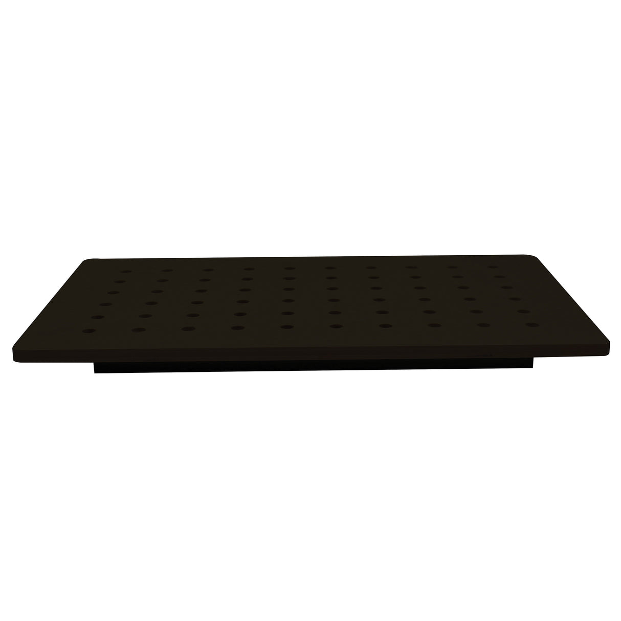 A flat, rectangular, black TableCraft Products platform with evenly spaced circular holes across its surface, viewed from a low front angle against a white background. The heat resistant carving station appears elevated slightly, with a shadow visible underneath.