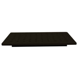 A flat, rectangular, black TableCraft Products platform with evenly spaced circular holes across its surface, viewed from a low front angle against a white background. The heat resistant carving station appears elevated slightly, with a shadow visible underneath.