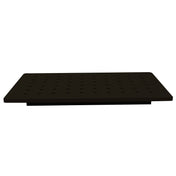 A flat, rectangular, black TableCraft Products platform with evenly spaced circular holes across its surface, viewed from a low front angle against a white background. The heat resistant carving station appears elevated slightly, with a shadow visible underneath.