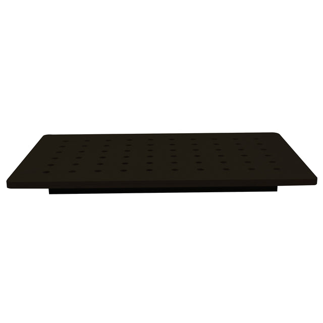 A flat, rectangular, black TableCraft Products platform with evenly spaced circular holes across its surface, viewed from a low front angle against a white background. The heat resistant carving station appears elevated slightly, with a shadow visible underneath.