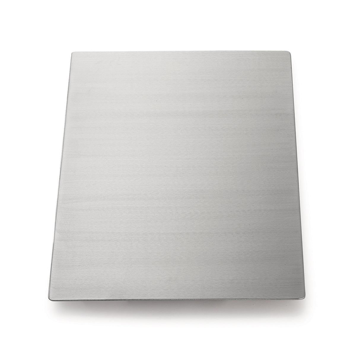 A rectangular, flat stainless steel baking sheet is shown against a white background. The clean, reflective sheet features slightly raised edges and is dishwasher safe, making it perfect for baking or roasting food in ovens.