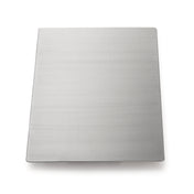 A rectangular, flat stainless steel baking sheet is shown against a white background. The clean, reflective sheet features slightly raised edges and is dishwasher safe, making it perfect for baking or roasting food in ovens.