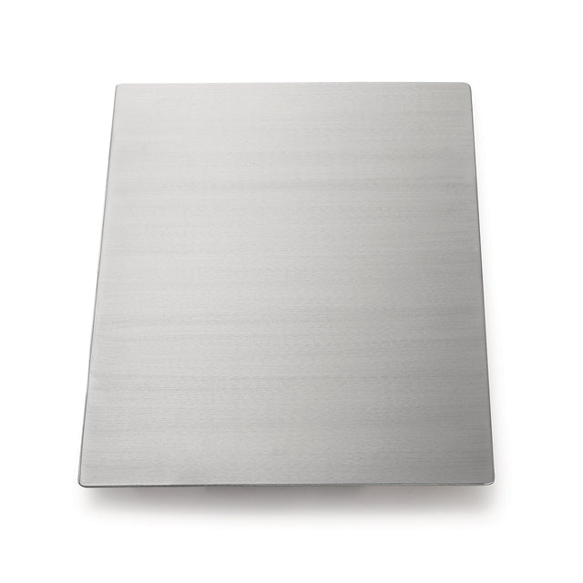 A rectangular, flat stainless steel baking sheet is shown against a white background. The clean, reflective sheet features slightly raised edges and is dishwasher safe, making it perfect for baking or roasting food in ovens.
