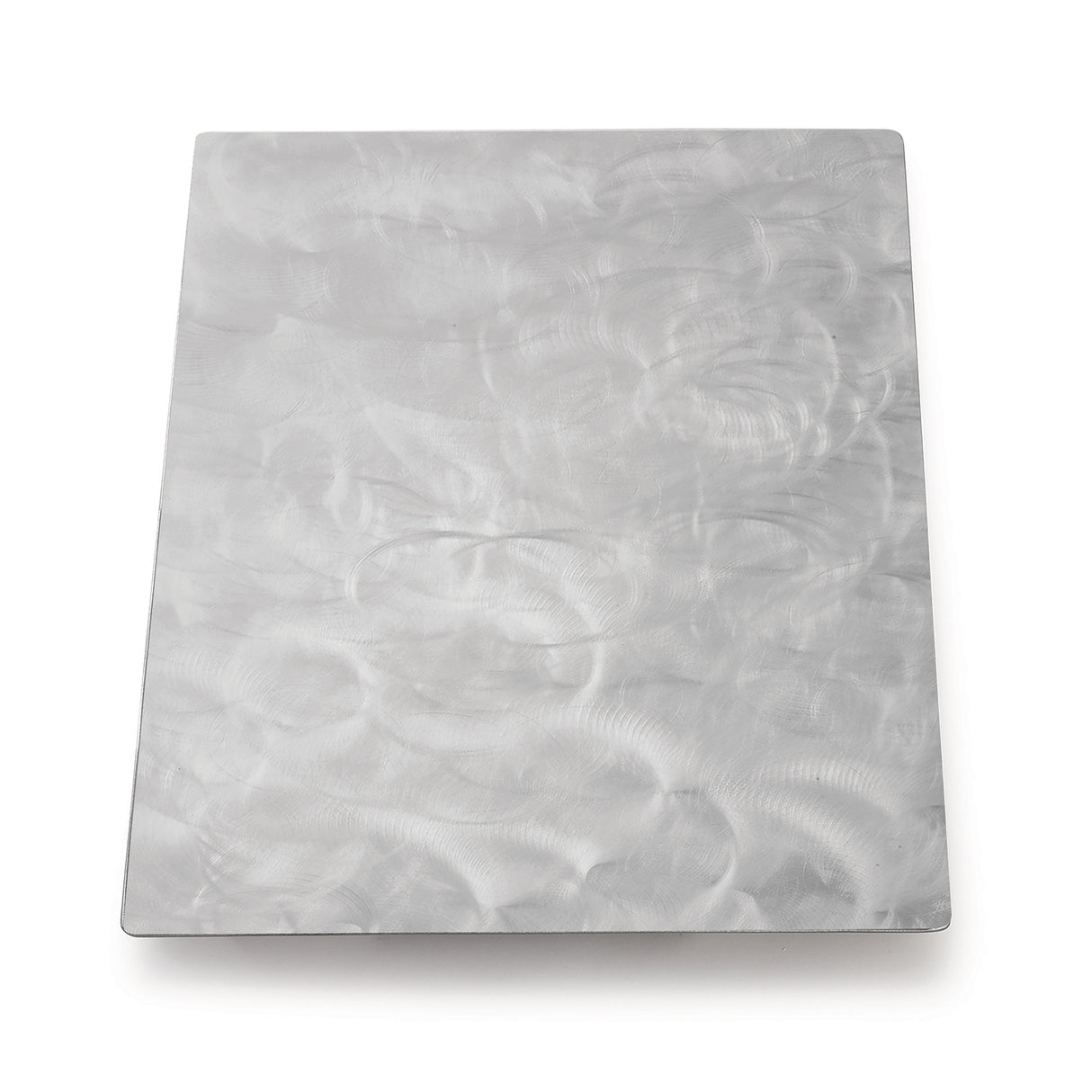 A rectangular stainless steel sheet with a brushed finish, featuring visible swirling patterns and a silvery-gray color. The slightly reflective surface sits against a plain white background, ideal as a Hot Food Template in kitchens.