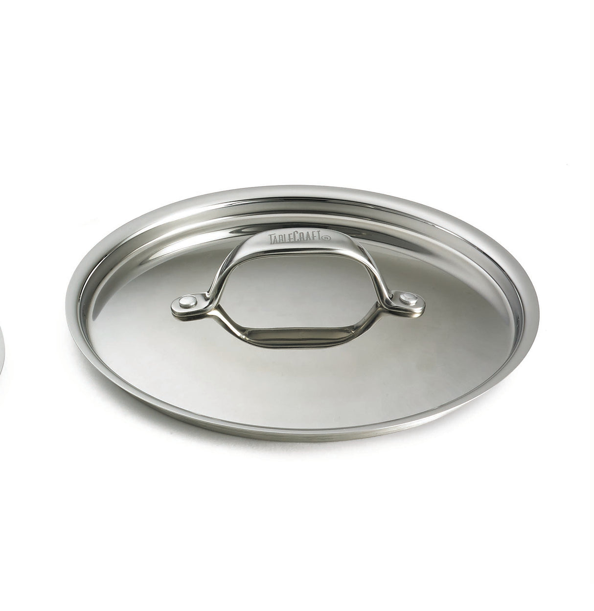 A shiny, stainless steel lid with a curved handle attached by two rivets sits on a white background. The highly reflective, oval-shaped lid is dishwasher safe and has the All-Clad brand engraved on the handle’s arch.