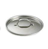 A shiny, stainless steel lid with a curved handle attached by two rivets sits on a white background. The highly reflective, oval-shaped lid is dishwasher safe and has the All-Clad brand engraved on the handle’s arch.
