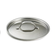 A shiny, stainless steel lid with a curved handle attached by two rivets sits on a white background. The highly reflective, oval-shaped lid is dishwasher safe and has the All-Clad brand engraved on the handle’s arch.