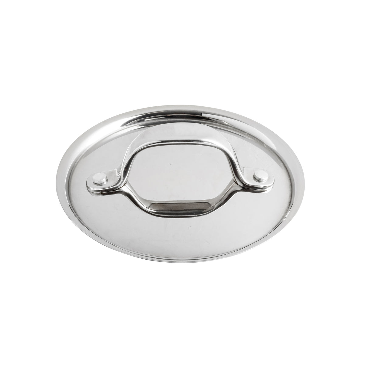 A shiny, round stainless steel lid with a flat surface and an arched handle attached by two rivets. This dishwasher safe lid is simple, functional, and perfect for use as a mini casserole dish lid. Photographed on a white background.