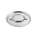 A shiny, round stainless steel lid with a flat surface and an arched handle attached by two rivets. This dishwasher safe lid is simple, functional, and perfect for use as a mini casserole dish lid. Photographed on a white background.