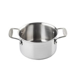 A stainless steel tri-ply casserole with two wide, sturdy handles on either side. The pot has a shiny, brushed metal finish and is empty, viewed from a slightly elevated angle against a plain white background.