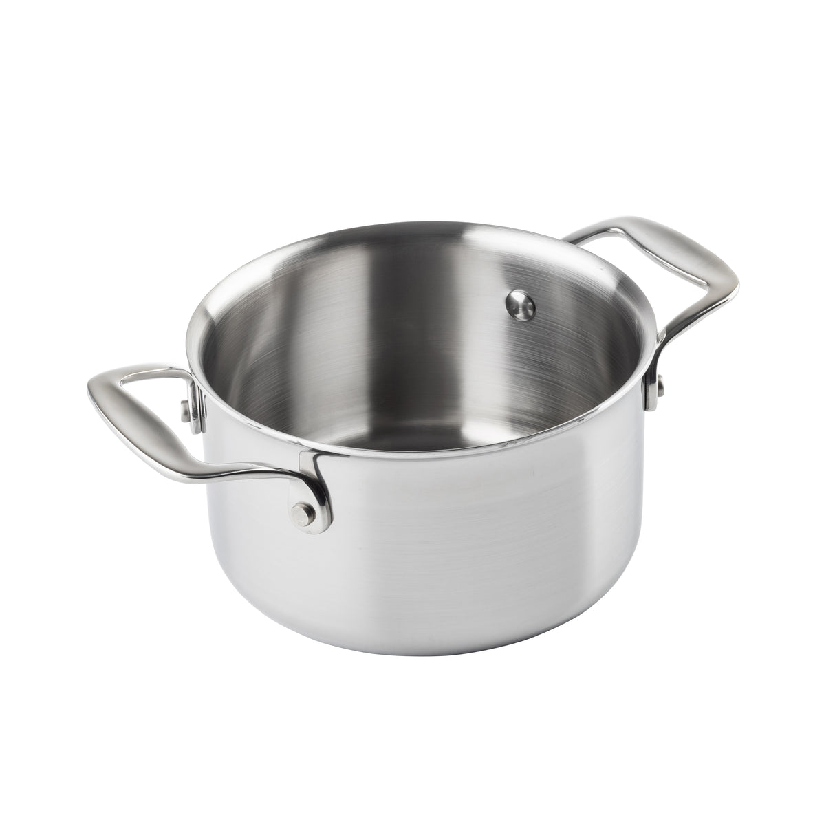 A shiny, empty tri-ply casserole pot with two sturdy handles sits on a white background. The brushed stainless steel finish highlights its smooth, clean interior, making it perfect for modern kitchens.