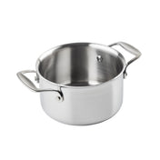 A shiny, empty tri-ply casserole pot with two sturdy handles sits on a white background. The brushed stainless steel finish highlights its smooth, clean interior, making it perfect for modern kitchens.