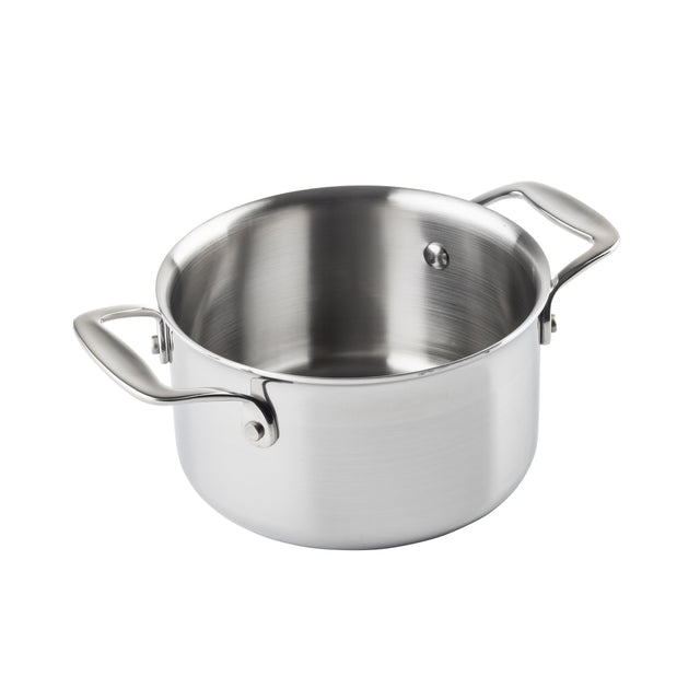 A shiny, empty tri-ply casserole pot with two sturdy handles sits on a white background. The brushed stainless steel finish highlights its smooth, clean interior, making it perfect for modern kitchens.