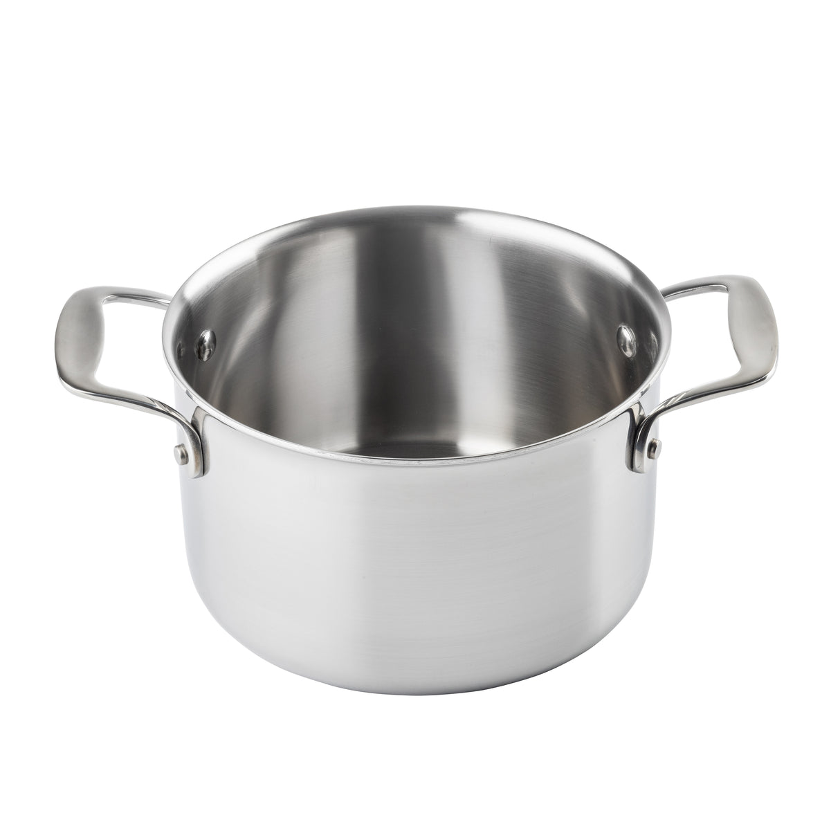 A tri-ply stainless steel sauce pan with two metal handles on opposite sides sits against a white background. Its induction safe, shiny surface and open top reveal the clean, empty interior inside.