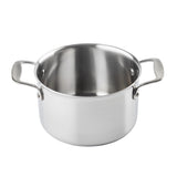 A tri-ply stainless steel sauce pan with two metal handles on opposite sides sits against a white background. Its induction safe, shiny surface and open top reveal the clean, empty interior inside.