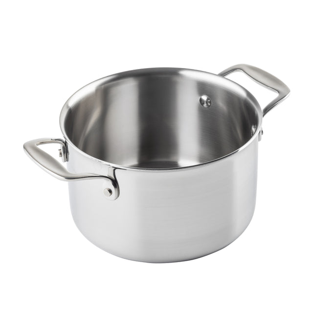 A shiny, empty tri-ply stainless steel sauce pan with two sturdy metal handles sits on a white background. The induction safe pot features a smooth surface, slightly flared rim, and rivets securing the handles. No lid is visible.