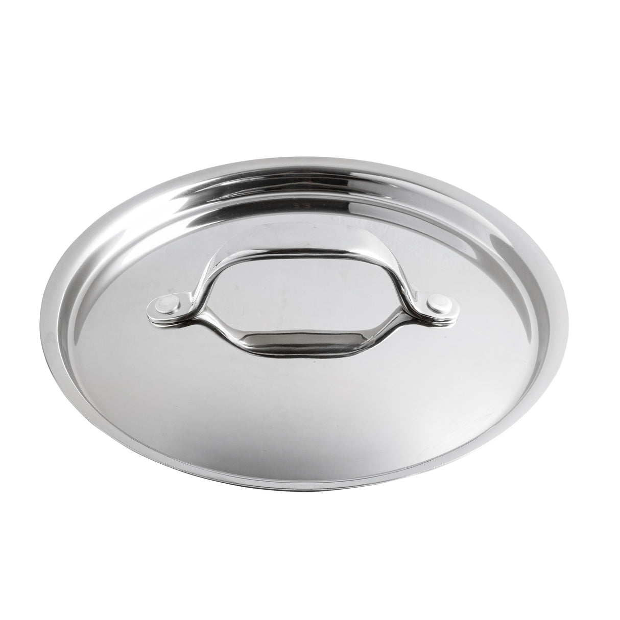 A shiny tri-ply stainless steel lid with a curved handle, photographed from above against a white background. This round, reflective lid for CW7006 features a smooth, simple design and is dishwasher safe for easy cleaning.