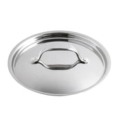 A shiny tri-ply stainless steel lid with a curved handle, photographed from above against a white background. This round, reflective lid for CW7006 features a smooth, simple design and is dishwasher safe for easy cleaning.