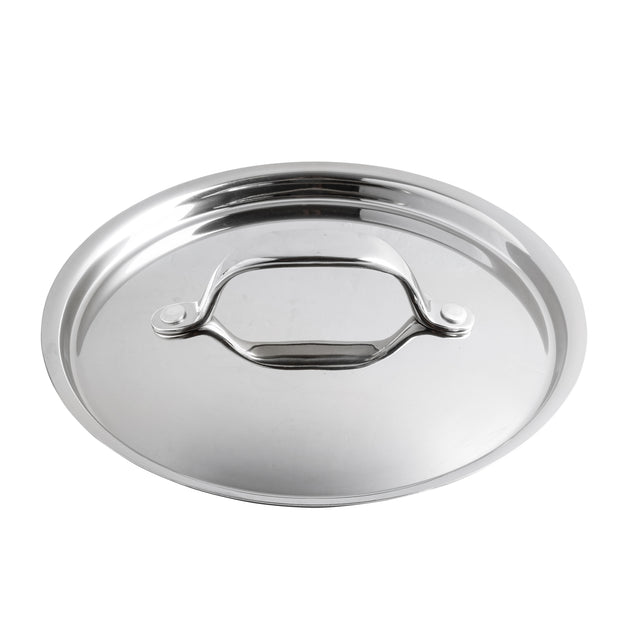 A shiny tri-ply stainless steel lid with a curved handle, photographed from above against a white background. This round, reflective lid for CW7006 features a smooth, simple design and is dishwasher safe for easy cleaning.