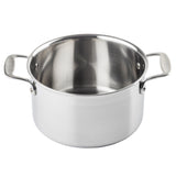 A shiny, empty tri-ply stainless steel cooking pot with two handles sits against a plain white background. The sauce pan has a smooth, reflective surface and a wide, open top, with no lid present.