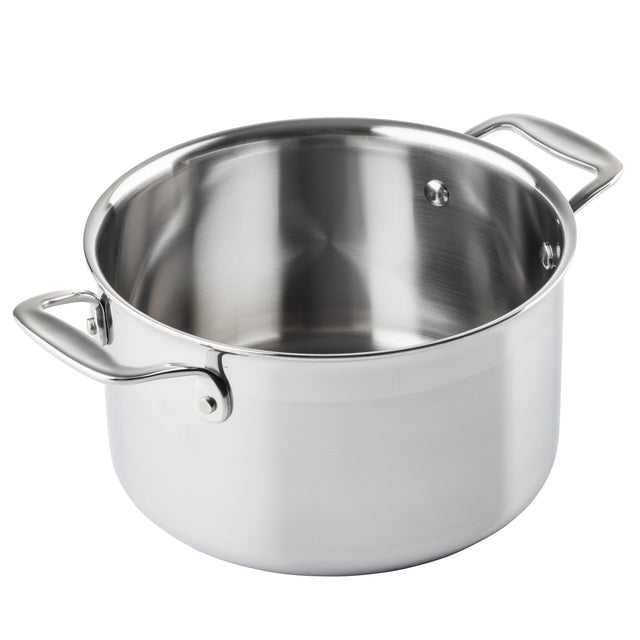 A shiny, tri-ply stainless steel Sauce Pan with two sturdy handles sits on a white background. The interior is smooth and reflective, and the wide, round shape is perfect for cooking or boiling food.