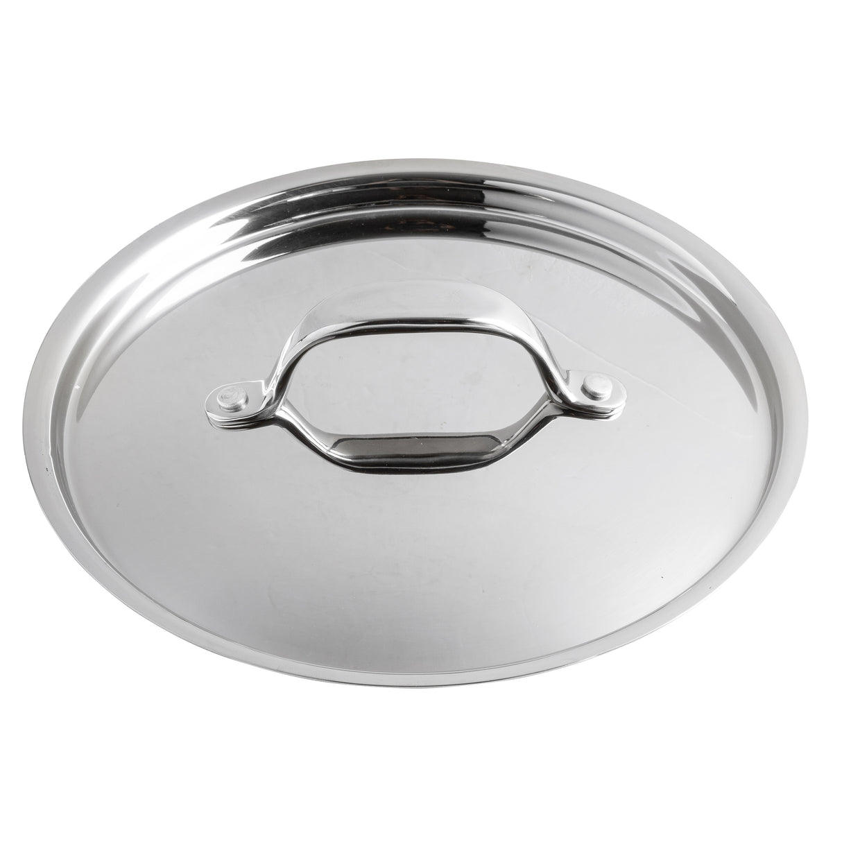 A shiny, round stainless steel Lid with a sturdy, arched handle in the center. Its smooth, reflective surface and slightly raised edges are designed to fit securely on fry pans or cooking pots. The background is white.