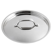 A shiny, round stainless steel Lid with a sturdy, arched handle in the center. Its smooth, reflective surface and slightly raised edges are designed to fit securely on fry pans or cooking pots. The background is white.
