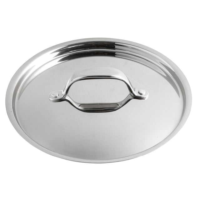 A shiny, round stainless steel Lid with a sturdy, arched handle in the center. Its smooth, reflective surface and slightly raised edges are designed to fit securely on fry pans or cooking pots. The background is white.