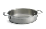 A tri-ply stainless steel Brazier Pan with two sturdy handles, one on each side. Its wide, flat base and high sides offer even heating, while the smooth, reflective surface is induction safe. The pan is shown without a lid against a plain white background.