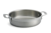 A tri-ply stainless steel Brazier Pan with two sturdy handles, one on each side. Its wide, flat base and high sides offer even heating, while the smooth, reflective surface is induction safe. The pan is shown without a lid against a plain white background.