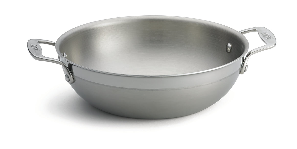 A large stainless steel wok with high sides and two sturdy handles sits on a white background. Its spacious interior and smooth, shiny surface make it ideal for cooking or mixing, and it's suitable for induction cooktops.