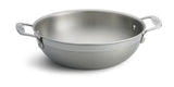 A large stainless steel wok with high sides and two sturdy handles sits on a white background. Its spacious interior and smooth, shiny surface make it ideal for cooking or mixing, and it's suitable for induction cooktops.
