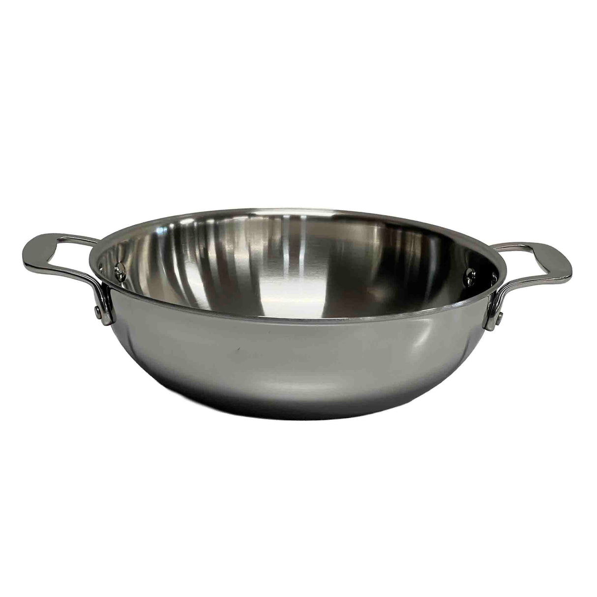 A shiny, stainless steel wok with two sturdy handles on each side. The tri-ply wok features a wide, round base and slightly flared sides that reflect light on its smooth surface. The background is plain and white.