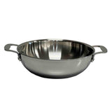 A shiny, stainless steel wok with two sturdy handles on each side. The tri-ply wok features a wide, round base and slightly flared sides that reflect light on its smooth surface. The background is plain and white.