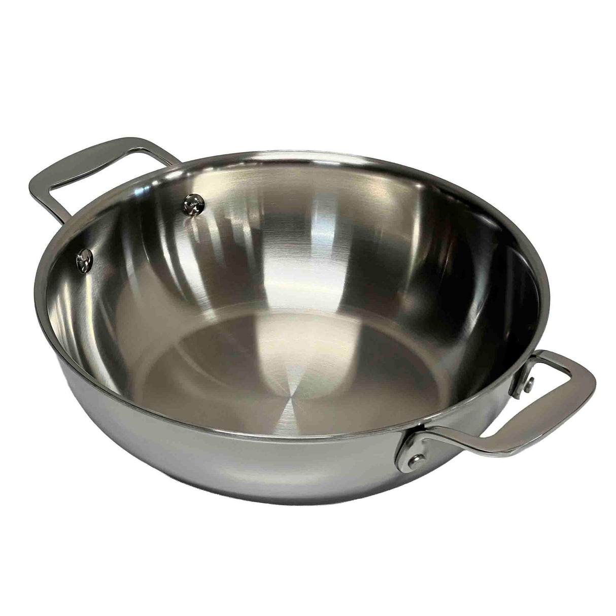 A shiny stainless steel deep frying pan with two sturdy handles rests on a white surface. The tri-ply cookware features a smooth, reflective interior and slightly curved rim, while its polished metal surface highlights its clean appearance.