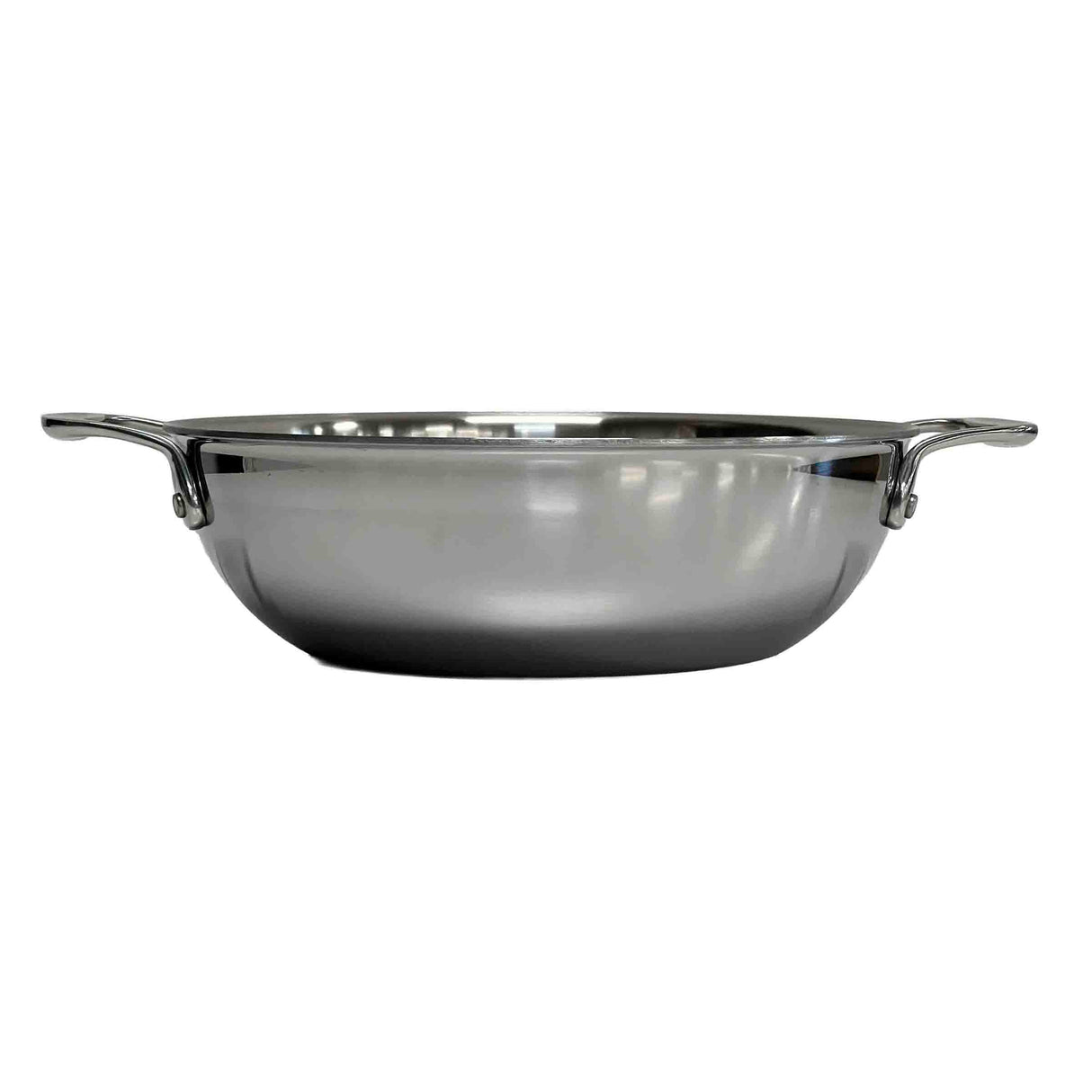 A shiny tri-ply stainless steel wok with two curved handles on either side, viewed from the side against a plain white background. The wok has a wide, slightly deep shape and a smooth, reflective surface.