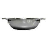 A shiny tri-ply stainless steel wok with two curved handles on either side, viewed from the side against a plain white background. The wok has a wide, slightly deep shape and a smooth, reflective surface.