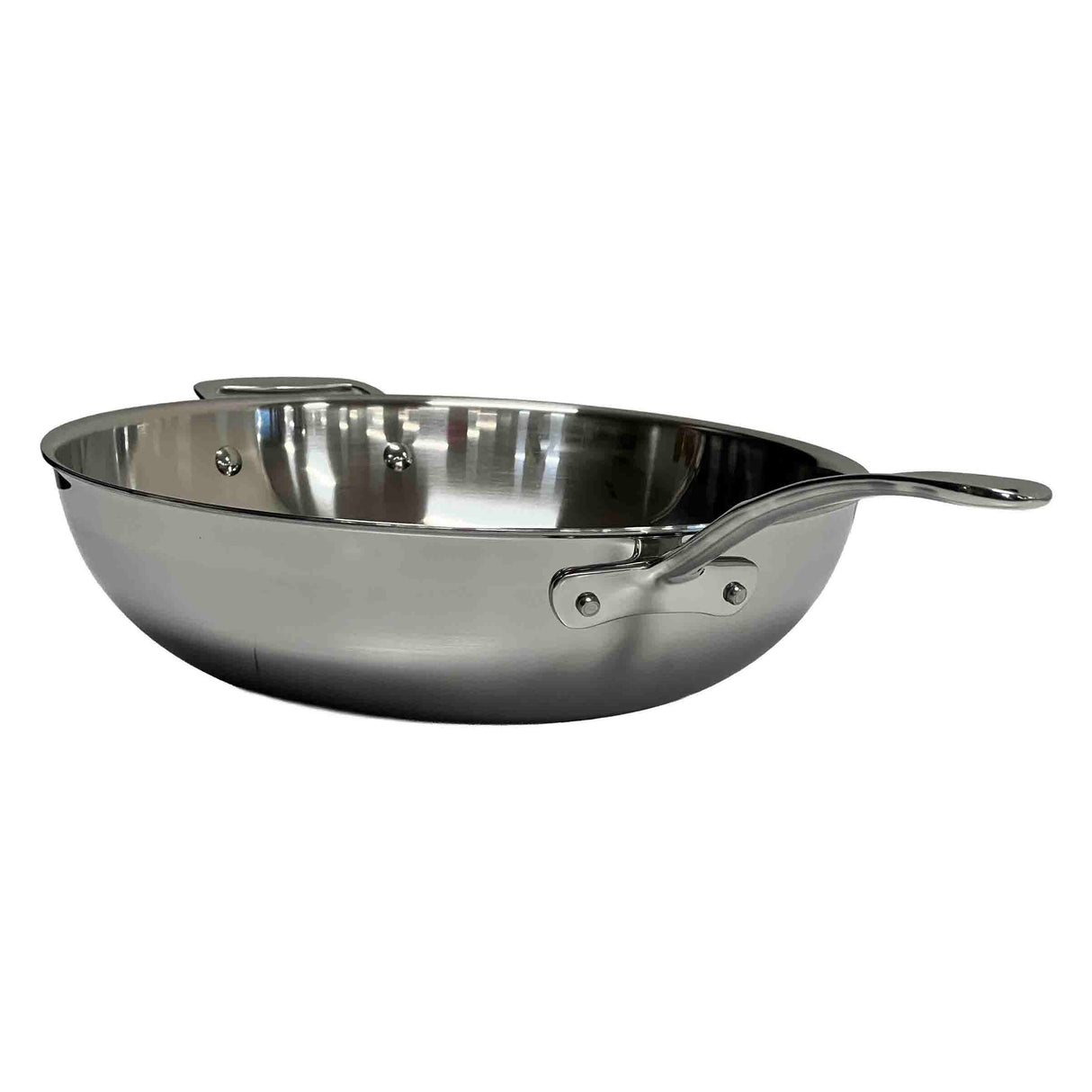 A shiny, dishwasher safe wok made of stainless steel with a curved handle on one side and a smaller loop on the opposite, set against a plain white background. The wide, shallow design features riveted handles for secure grip.