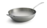 A tri-ply wok with a shiny stainless steel finish, featuring a wide, rounded base and tall sides. It includes a long handle and a riveted helper handle for stability—plus, this dishwasher safe wok is set against a white background.