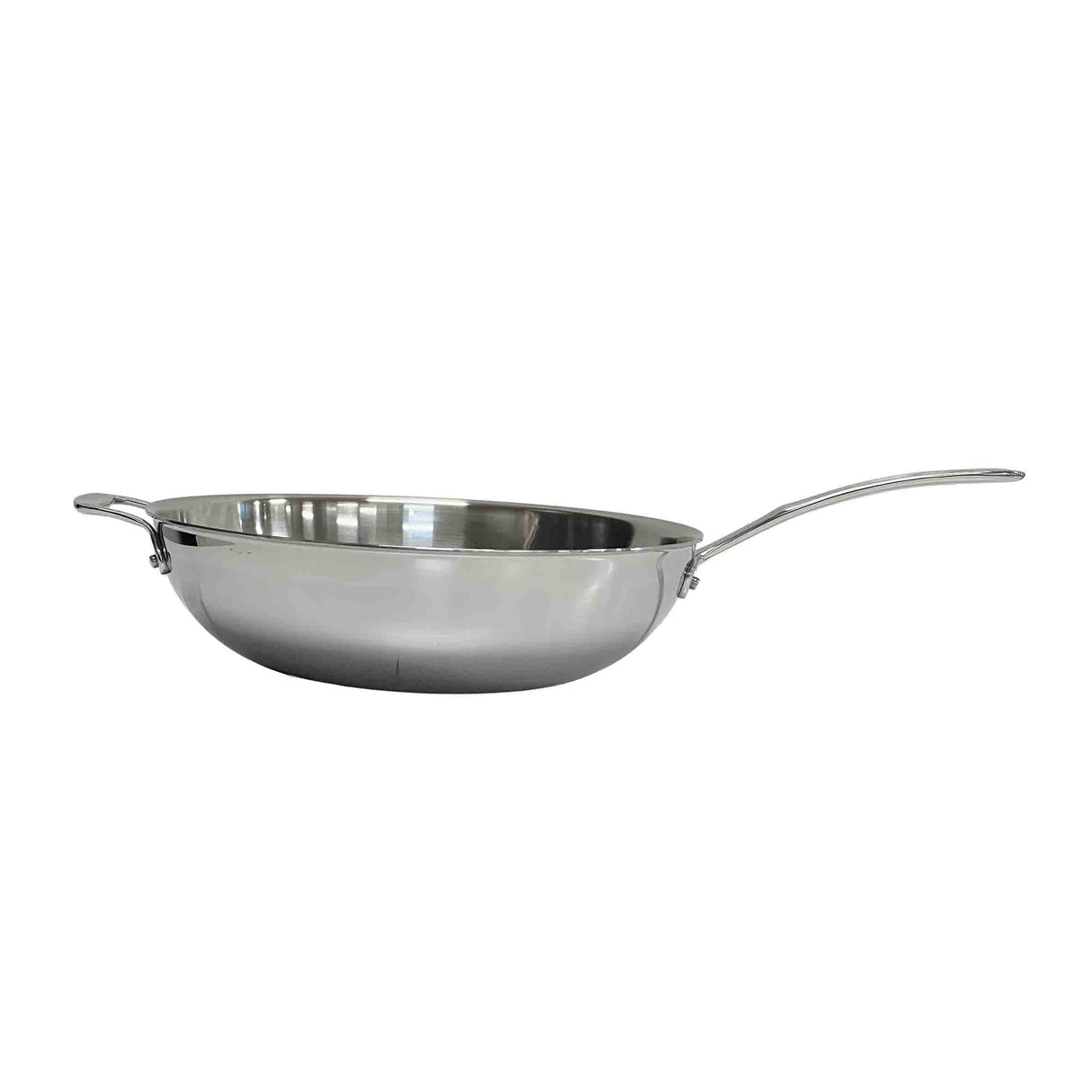 A shiny tri-ply stainless steel sauté pan with a rounded base, a long handle on one side, and a short helper handle on the opposite side, is shown against a plain white background. Dishwasher safe for convenient cleaning.