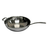 A shiny tri-ply stainless steel induction wok with a wide, deep bowl shape, a long curved handle on one side, and a short helper handle on the opposite side, placed on a plain white background.