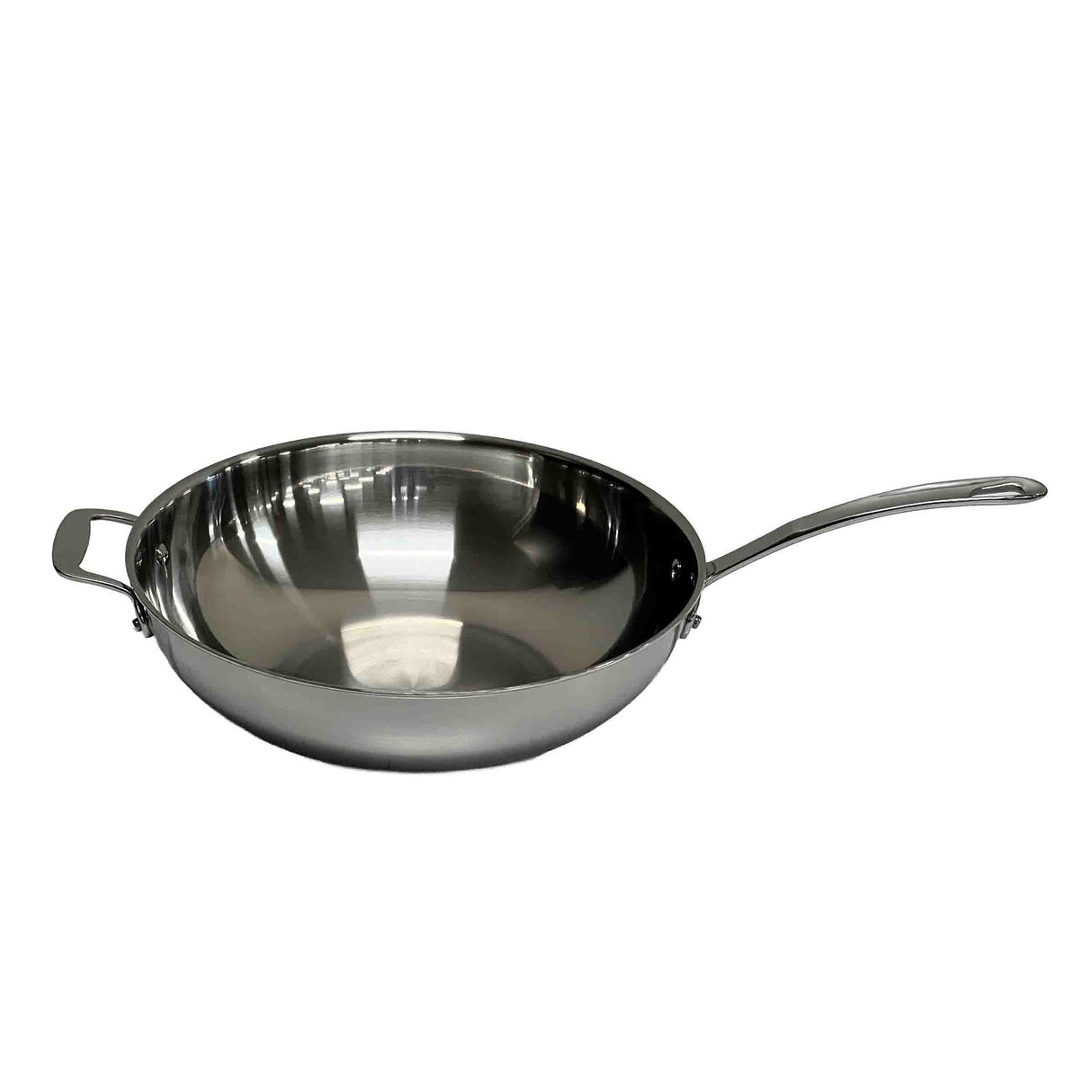 A shiny Tri-Ply stainless steel induction wok with a long handle and a smaller helper handle is shown on a plain white background. Its wide, deep bowl is ideal for stir-frying, general cooking, and is dishwasher safe for easy cleanup.