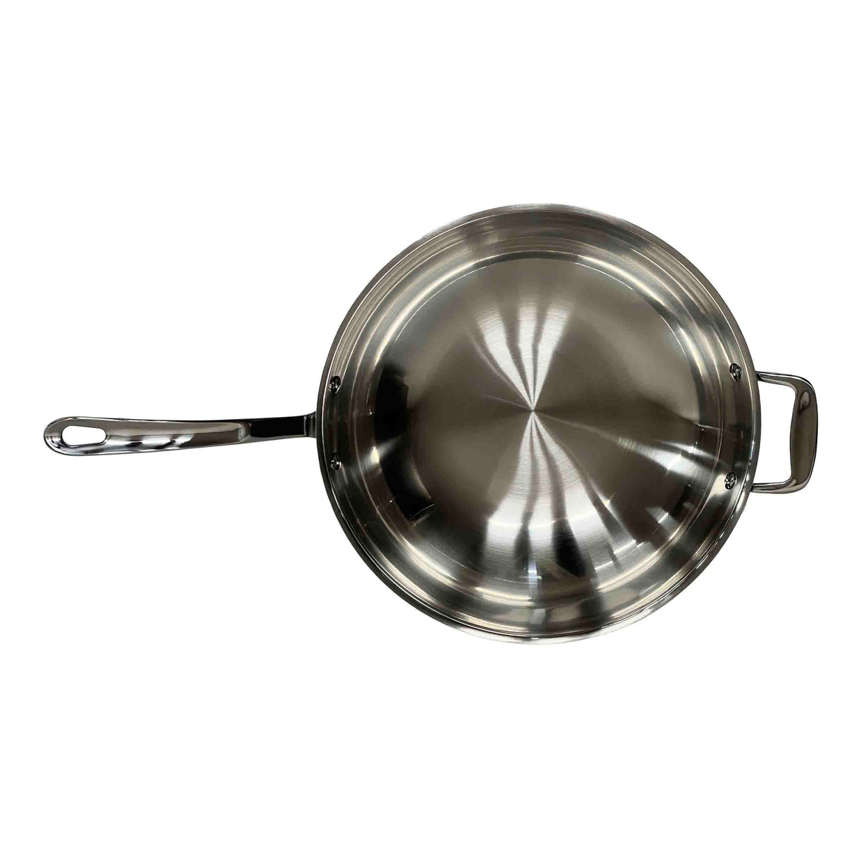 A shiny tri-ply wok viewed from above, featuring a long handle on the left and a small loop handle on the right. The circular pan has a brushed metal interior with a radiating pattern and smooth, reflective finish.