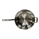 A shiny tri-ply wok viewed from above, featuring a long handle on the left and a small loop handle on the right. The circular pan has a brushed metal interior with a radiating pattern and smooth, reflective finish.
