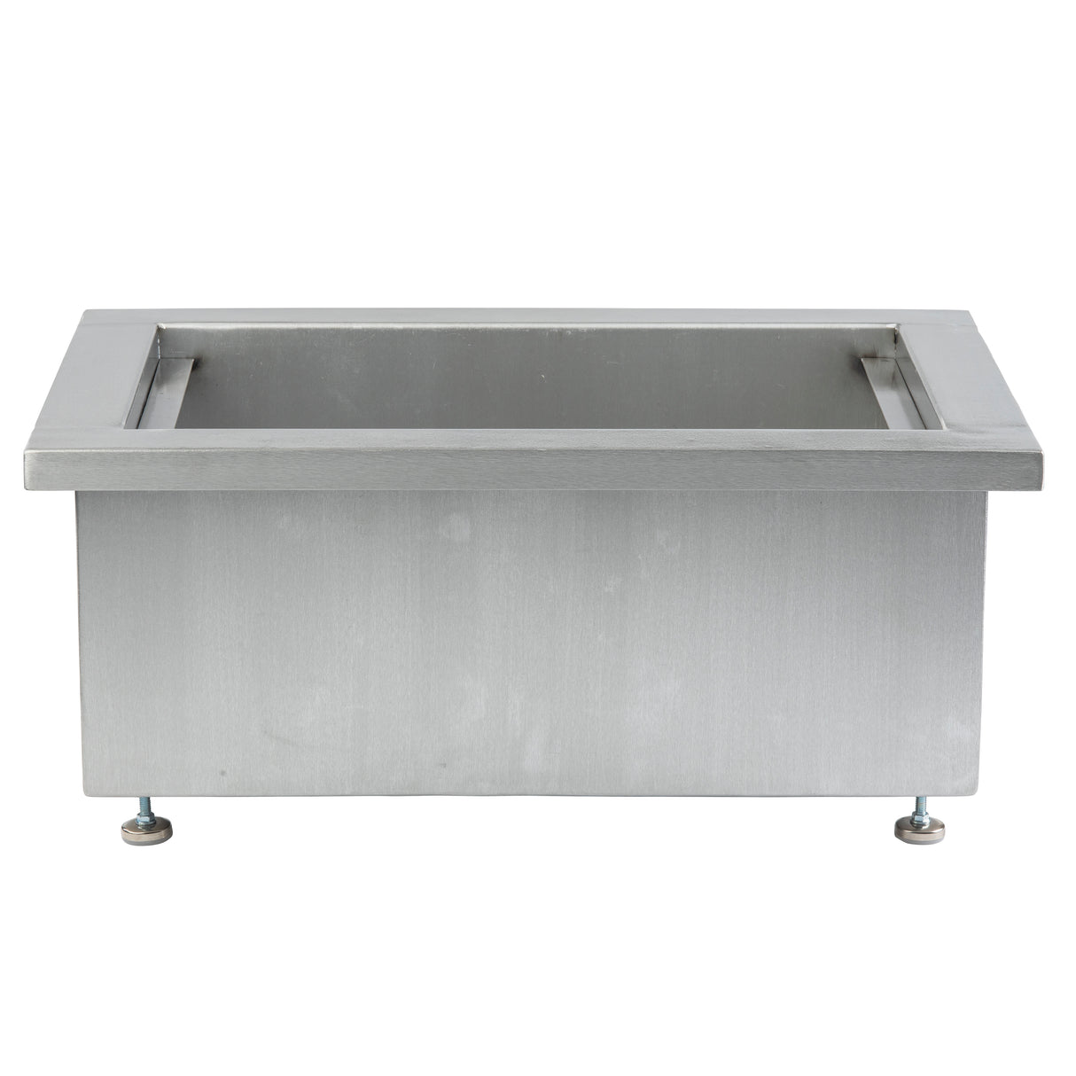 A rectangular stainless steel Single Ice Well with a smooth, brushed finish. It features a deep basin, raised edges, and adjustable metal legs with round feet—an industrial design ideal for commercial kitchen use.